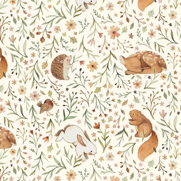 Animal Floral Fabric / Woodland Fabric / Deer Fabric / Bunny Fabric / Little Forest / Dear Stella