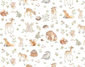 Tela con estampado de animales del bosque: Algodón Bosque Encantado, Dear Stella STELLA-DNS3667 BLANCO