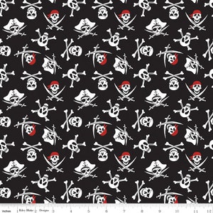 Quarter Yard Only of Black Skulls Fabric / Pirate Tales Fabric / Pirate Skulls Cotton/ Skull and Crossbones Fabric / Jolly Roger Fabric