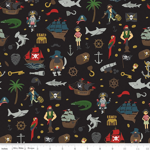 Black Pirate Scatter Fabric / Pirate Fabric / Pirate Tales Collection / Riley Blake Designs