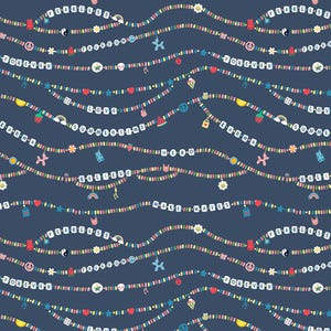 May include: A repeating pattern on a navy blue background featuring wavy strings of colorful beads and charms. The strings spell out words like "Fearless," "Forever," and "Believe," interspersed with various small icons.