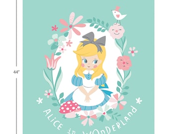 May include: A teal-colored Alice in Wonderland wall art print, measuring 36 inches wide and 44 inches high. The illustration features Alice with blonde hair, a blue dress, and a gray bow, surrounded by flowers and the text "Alice in Wonderland."