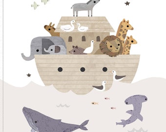 Noah&#39;s Ark Panel / Elephant Fabric / Lion Fabric / Giraffe Fabric / Boat Fabric / Dear Stella