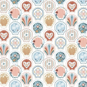 May include: A repeating pattern on a white background featuring various seashell shapes. The shells are decorated with diverse motifs including floral arrangements, heart shapes, palm trees, and vertical stripes in shades of blue, pink, and tan.