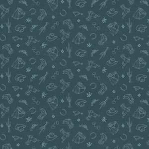 May include: A teal background with a repeating pattern of cowboy-themed illustrations. The design includes images of cowboy hats, horseshoes, saddles, cacti, and other Western-themed elements in a white, sketched style.