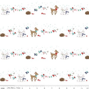May include: White fabric with a repeating pattern of a deer, two bunnies holding hands, a hedgehog, and birds with a string of lights. The pattern is repeated on a white background with a light blue snowflake pattern.