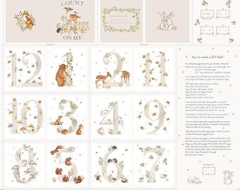 May include: A fabric panel featuring woodland animal illustrations and numbers 1-12. The panel includes a fox, deer, bear, and rabbits, with the text "COUNT ON ME" and instructions for making a soft book. The color palette is soft and neutral.