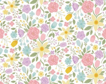 Bunny Trail Main White Floral Fabric / Easter Floral Fabric / Bunny Trail Collection/ Riley Blake Designs
