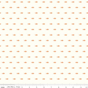 May include: A white fabric with a repeating pattern of small orange sharks. The fabric is perfect for quilting, sewing, and crafting.