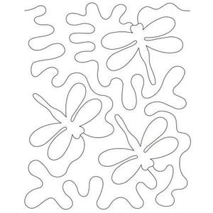May include: A black and white line drawing of a repeating pattern featuring dragonflies and abstract shapes. The dragonflies have delicate wings and are interspersed with flowing, organic forms. This design is suitable for quilting or fabric printing.
