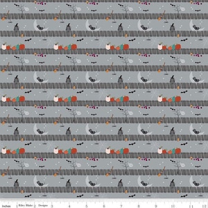 May include: A gray and white fabric with a repeating pattern of black cats, pumpkins, bats, and moons. The fabric has a striped background with a subtle texture.