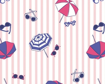 Pink Stripe Summer Fabric: Umbrellas & Sunglasses Print