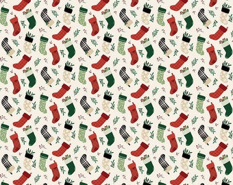 Christmas Stockings Fabric, Cream 100% Cotton, Riley Blake Designs
