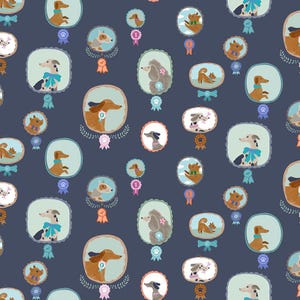 May include: A repeating pattern of dogs in blue, pink, and brown frames on a dark blue background. The dogs are in various poses, including sitting, standing, and running. Each dog has a blue, pink, or brown ribbon around its neck.