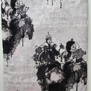 May include: Fabric with a repeating pattern of black and white cartoon illustrations of evil characters on a light gray background. The fabric has text in a cursive font.