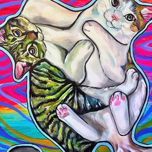 May include: A painting of two cats, one white with orange and brown markings and the other tabby, in a playful pose against a colorful, abstract background.