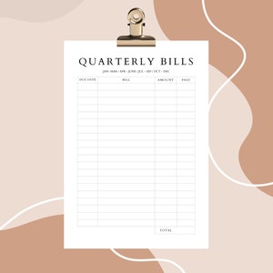 Quarterly Bills Planner Printable PDF