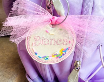 Personalized Shaker Backpack Tag | Custom Name Bag Charm | Glitter Faux Leather Backpack Charm | Preppy School Bag Tag