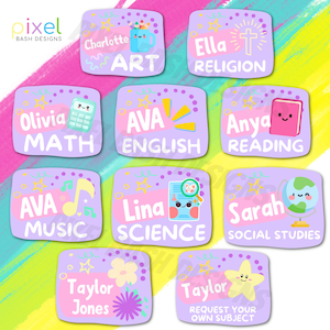 May include: A collection of colorful, rectangular stickers with various subjects and names. Subjects include Art, Religion, Math, English, Reading, Music, Science, and Social Studies. Each sticker has a unique design and illustration.