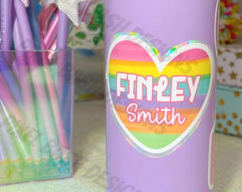 Personalized Rainbow Heart Name Sticker | Waterproof Vinyl Die-Cut Pastel Holographic