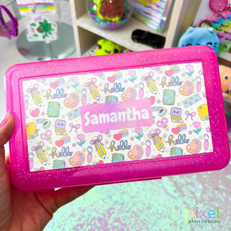 Pink Color Pencil Box Pink Glitter Pencil Box | Personalized Name Sticker, School Supplies - Etsy
