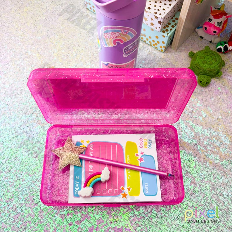 Pink Glitter Pencil Box | Personalized Name Sticker, School Supplies - Etsy