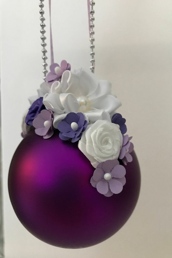 Boule De Noël En Verre Victorien Krebs Verre Pourpre Lavendar Blanc Fleurs En Papier Ruban Roses Boîte Cadeau