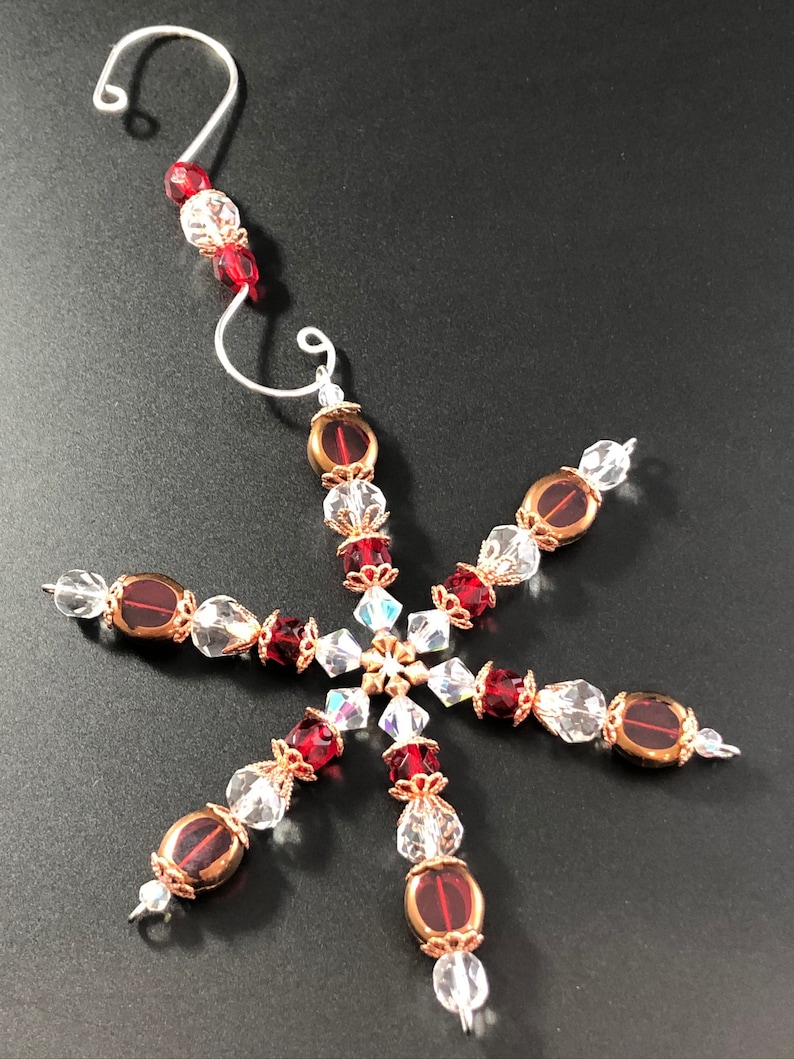 Snowflake Ornament ~ Beaded Snowflake ~ Suncatcher ~ Table Cut Glass ~ Red Copper and Clear ~ Gift Boxed ~ Sparkly ~ Elegant and Unique