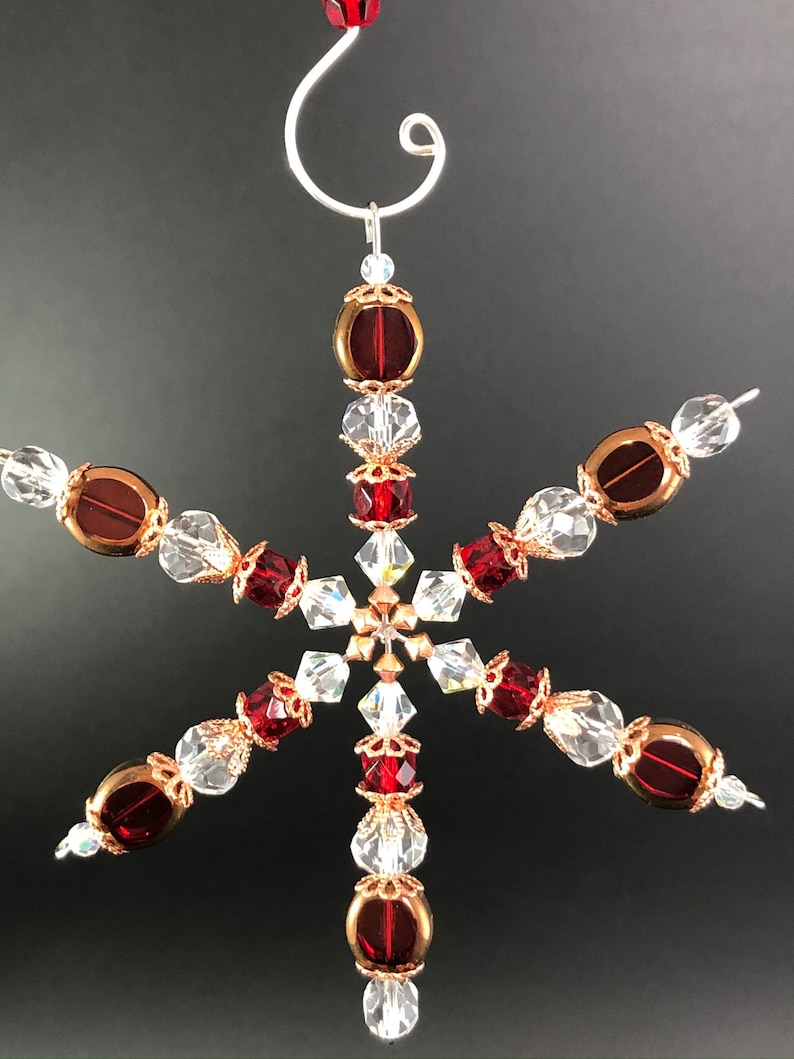 Snowflake Ornament ~ Beaded Snowflake ~ Suncatcher ~ Table Cut Glass ~ Red Copper and Clear ~ Gift Boxed ~ Sparkly ~ Elegant and Unique