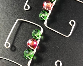 Ornament Hooks ~ Christmas ~ Red and Green ~ Completely Unique ~ Wire Wrapped ~ Silver Hooks ~ Free Shipping ~ Set of 6 ~ Gift Packaged