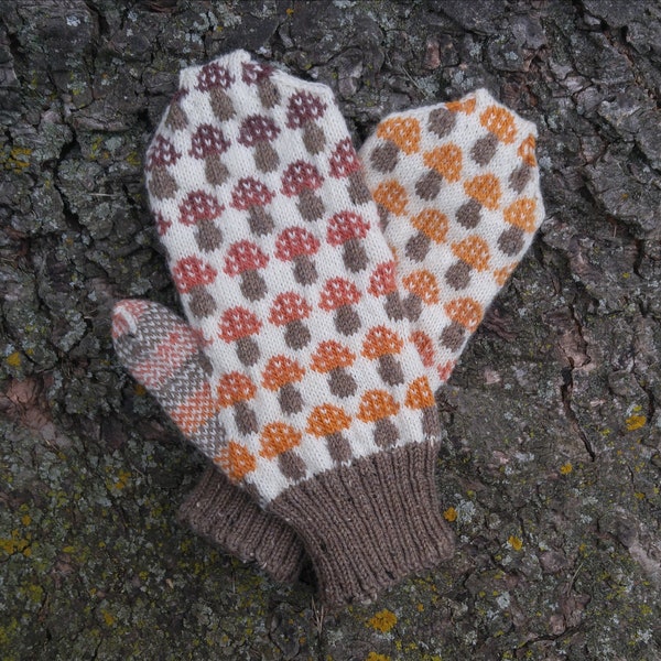 Amanita Mushroom-wanten - pdf-breipatroon - gekleurde wanten