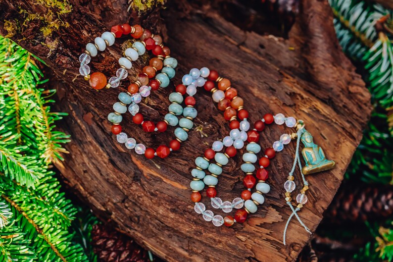 Mystic Chalcedony Quartz Stillness 108 Mala Necklace Burma Jade Angel Aura Quartz Carnelian