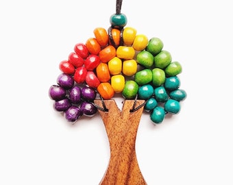 TREE of LIFE NECKLACE. Natural Wood Beads Funky Bright Colours Rainbow