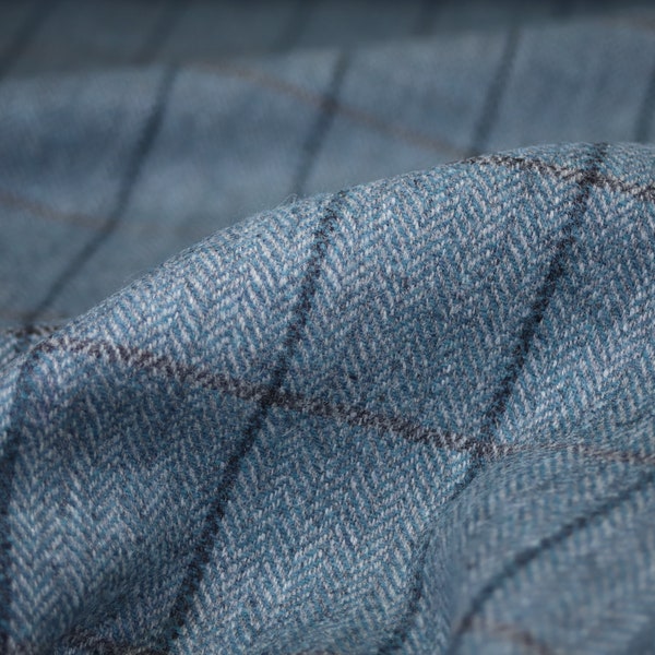 Teal Windowpane 100% Wool Tweed Fabric UK Made Cloth  **Sold By The Half-Metre** Not Harris - Beautiful British Made Wool Fabric!