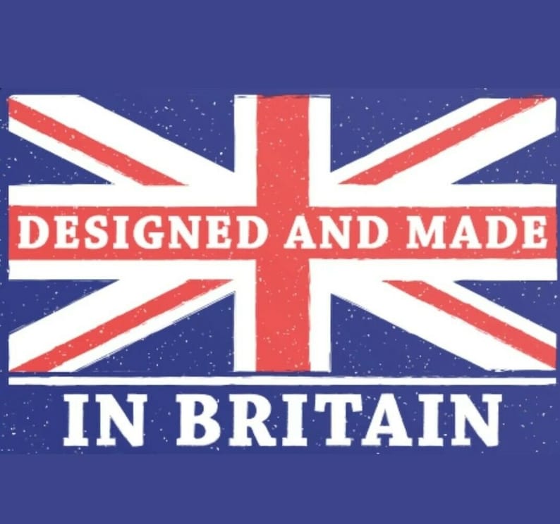 May include: A blue and white Union Jack flag with red accents. The flag has the text "DESIGNED AND MADE IN BRITAIN" printed on it.
