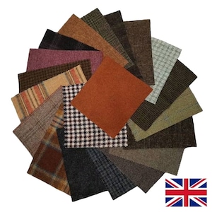 May include: A selection of tweed fabric swatches in a variety of colours and patterns, including checks, herringbone, and plain textures. The swatches are arranged in a circular design, showcasing a range of materials. The image includes the Union Jack.