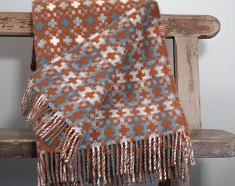 Burnt Orange Loom & Bobbin Wool Blanket Throw Welsh Tapestry / Fair Isle Design - Made in Britain