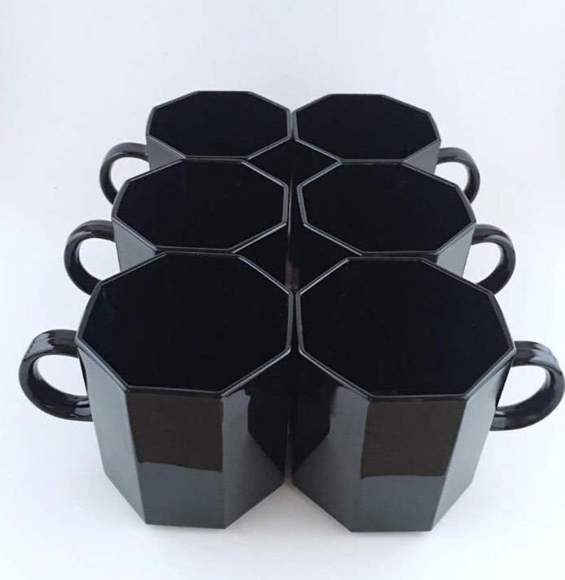 Vintage Arcoroc France Black Octagon Tea Cups Set Of Six Etsy