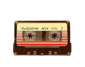 Awesome Mix Vol 2 - 1.5" Enamel Lapel Pin - Cassette Tape/Mix Tape - Brown & Gold