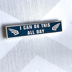 May include: A blue enamel pin with silver trim featuring a white winged design and the text "I can do this all day".