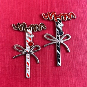 Candy Cane Reindeer Enamel Pin - .75&quot; Hard Enamel Glitter Filled - Holiday, Christmas Gifts