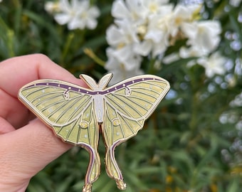 Luna Moth Enamel Pin 3" Wide – Celestial Witchy Pin with Stars – Oddities and Curiosities Insect Jewelry – Translucent Green
