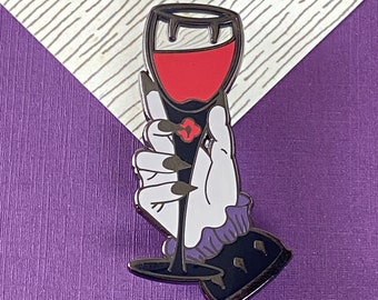 Gothic Vampire Hand with Wine Glass Halloween Hard Enamel Pin - 2" Tall - Spooky, Translucent Red Enamel