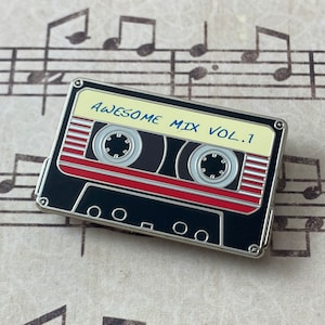 Awesome Mix Vol 1 - 1.5&quot; Enamel Lapel Pin - Gaurdians Of The Galaxy - Cassette Tape/Mix Tape - Black/Red
