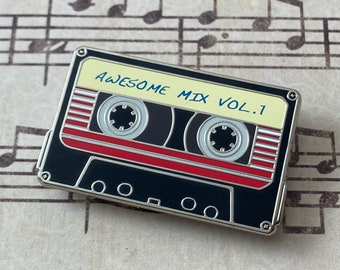 Awesome Mix Vol 1 - 1.5" Enamel Lapel Pin - Gaurdians Of The Galaxy - Cassette Tape/Mix Tape - Black/Red