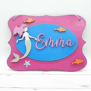 Personalised mermaid door sign, name plate, door hanger. Children's room and nursery