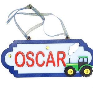 Tractor themed personalised wooden door signs. Children&#39;s bedroom name plate. Door hangers.