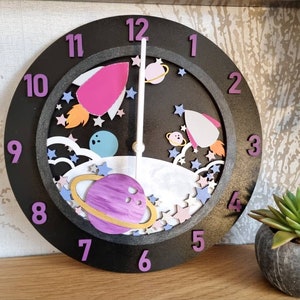 3D Space themed wall clock. Galaxy, moon astronaut bedroom decoration