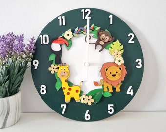 CLOCK Jungle / safari animals clock. Monkey, lion and giraffe bedroom decoration