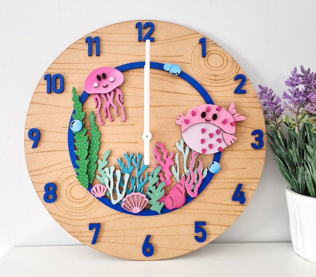 Jelly Fish & Puffer Fish Under the Sea Themed Clock. Wall Art, Time ...